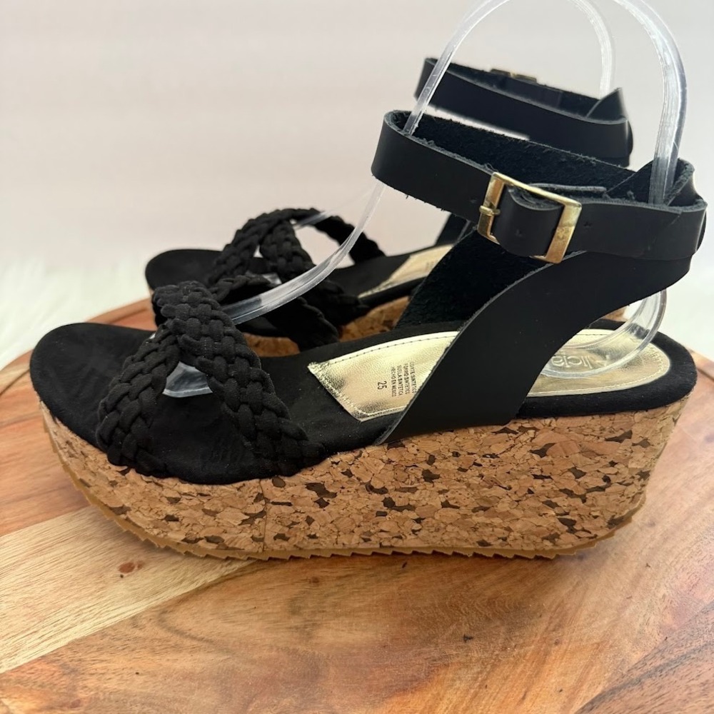 Alicia Leon Womens Black Braided Cork Size 8 Platform Wedge Sandals LIGHT WEIGHT - Picture 3 of 10